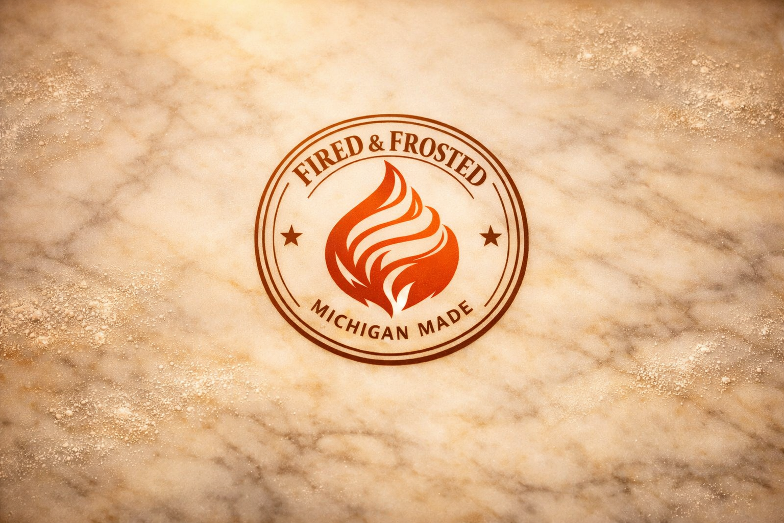 A logo with a flame design and the text 'Fired & Frosted', 'Michigan Made' on a beige marble surface.