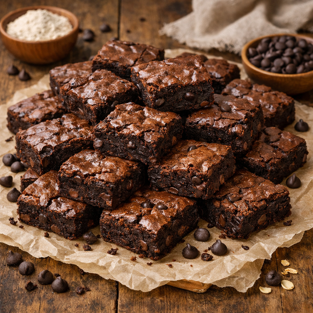 Stack of chocolate brownies topped with chocolate chips on parchment paper, with bowls of chopped nuts and chocolate chips in the background.