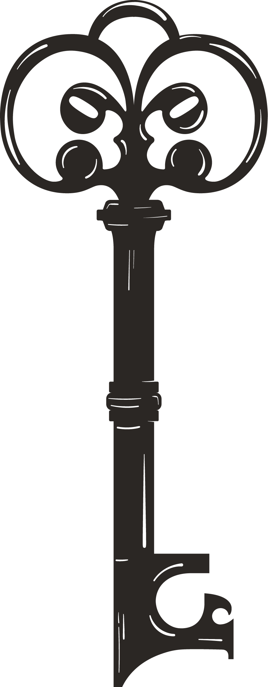 Black and white illustration of an ornate antique key with a decorative bow and intricate details.