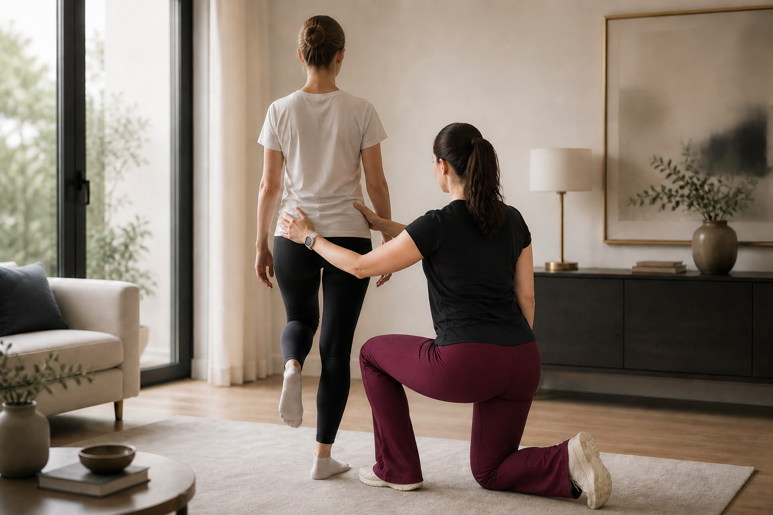 A woman in black and burgundy workout clothes is guiding a woman in a white T-shirt and black leggings in a balance exercise at home.