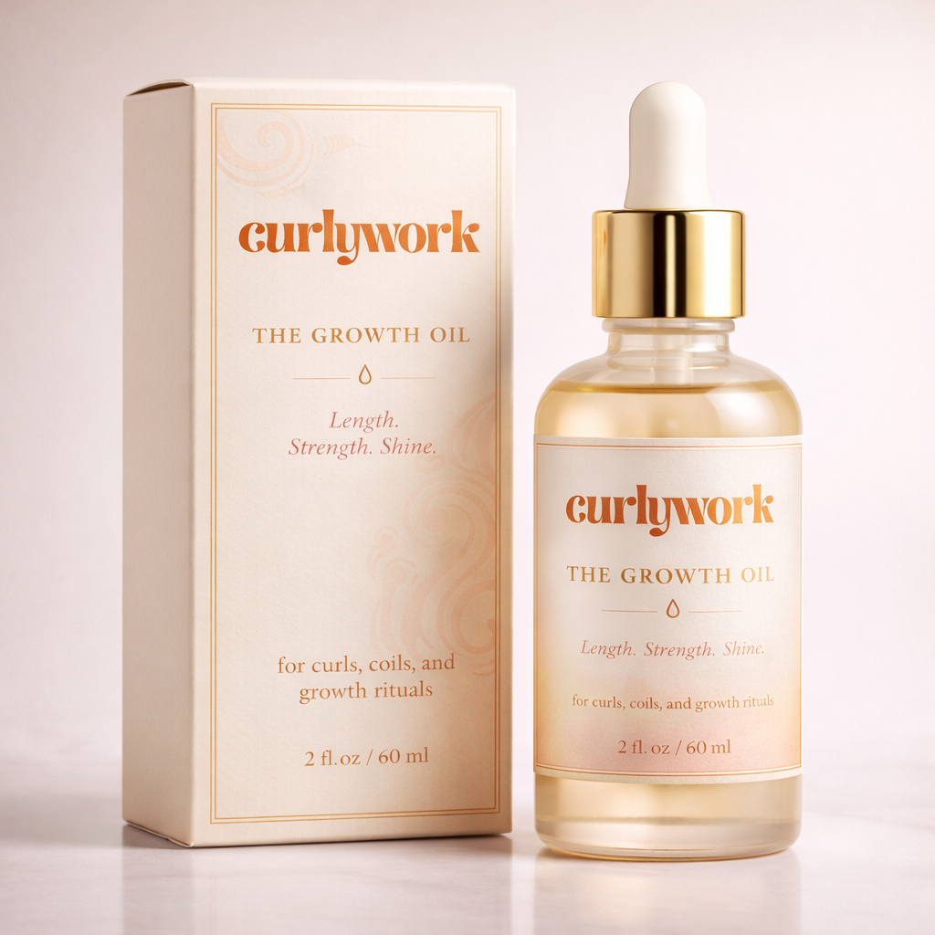 A bottle of Curlywork The Growth Oil next to its packaging box, both displaying the product label with orange text on a cream background.