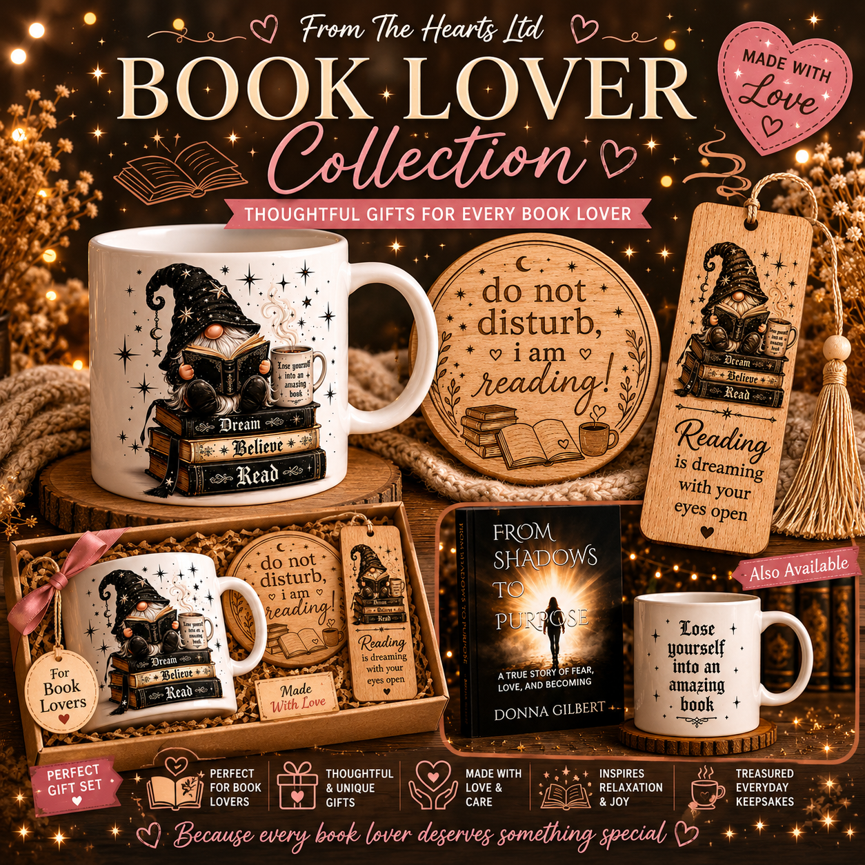 A collection of book-themed gifts for book lovers, including ceramic mugs with book and reading motifs, wooden plaques with reading quotes, and a book titled 'From Shadows to Purpose' by Donna Gilbert, displayed on a festive, cozy setting with warm lighting.