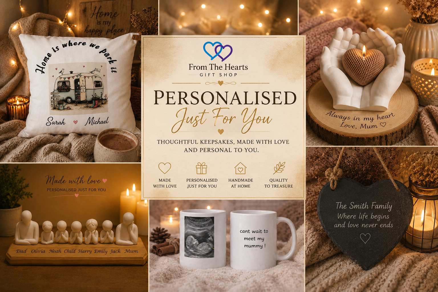 Collection of personalized handmade home decor items including a pillow with a camper illustration and the names Sarah and Michael, a candlelit display with miniature figures labeled Dad, Olivia, Noah, Child, Harry, Emily, Jack, Mum, a framed sign from From The Hearts Gift Shop advertising personalized keepsakes, a hand sculpture holding a lit candle on a wooden slab with the inscription 'Always in my heart Love, Mum', two ceramic mugs with pregnancy-themed images and text, a heart-shaped slate sign with the message 'The Smith Family Where life begins and love never ends' hanging from a string, and a candle lantern with dried flowers in the background.