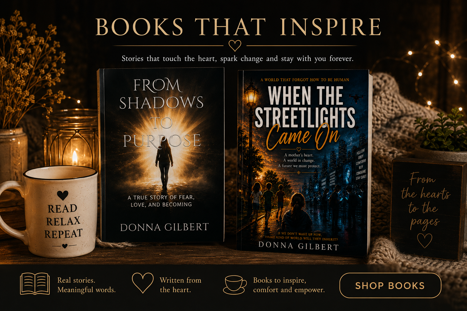 Display of two books with the title "From Shadows to Purpose" and "When the Streetlights Came On" by Donna Gilbert, surrounded by cozy decor including a mug with the words "Read Relax Repeat," a small sign reading "From the hearts to the pages," books to inspire, and warm lighting, promoting inspirational and heartfelt stories.