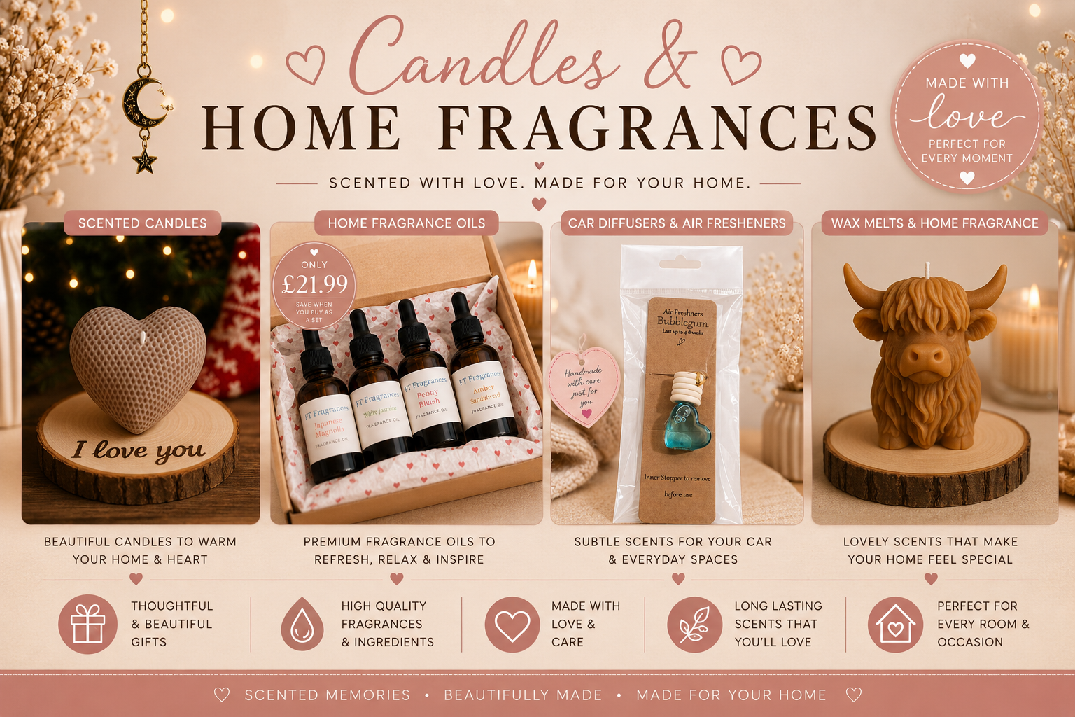 A promotional image for candles and home fragrances, featuring four product images: a heart-shaped candle with a wooden base, a box of three fragrance oils, a car diffuser with a blue heart-shaped ornament, and a bull-shaped wax melt holder. The background includes candles, flowers, and soft lighting. Text highlights product features and prices, emphasizing love and home comfort.