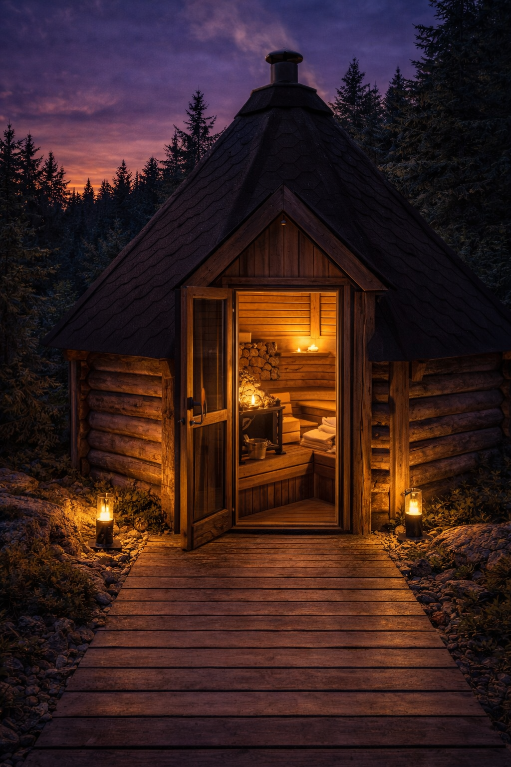 A small wooden sauna or cabin with a peaked roof is lit warmly from inside, situated in a forest at dusk. Candles are placed outside along a wooden walkway leading to the entrance, surrounded by rocks and trees, with a colorful sky at sunset in the background.