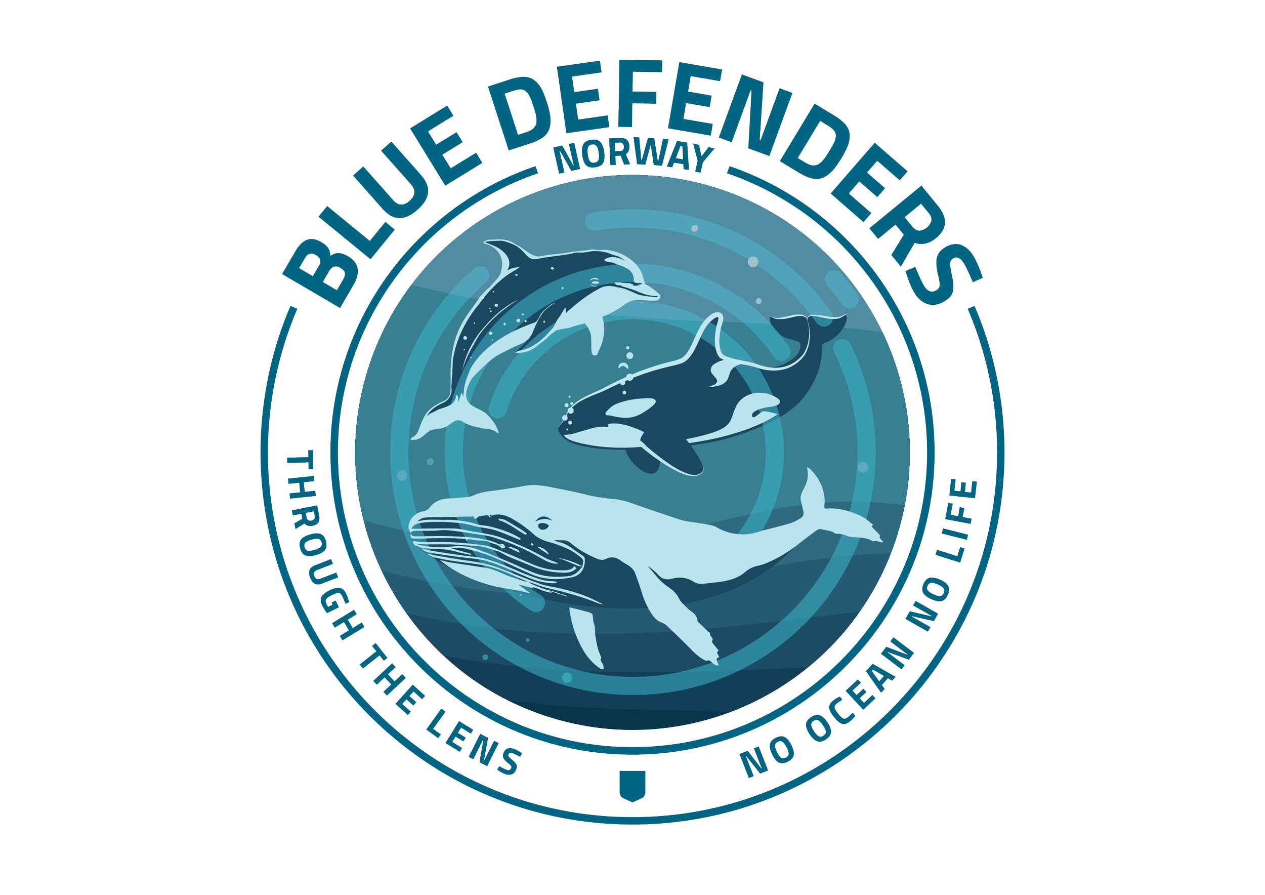 Seal of the Blue Defense Norway organization featuring dolphins, a whale, and sharks with text around it indicating their efforts to protect ocean life.