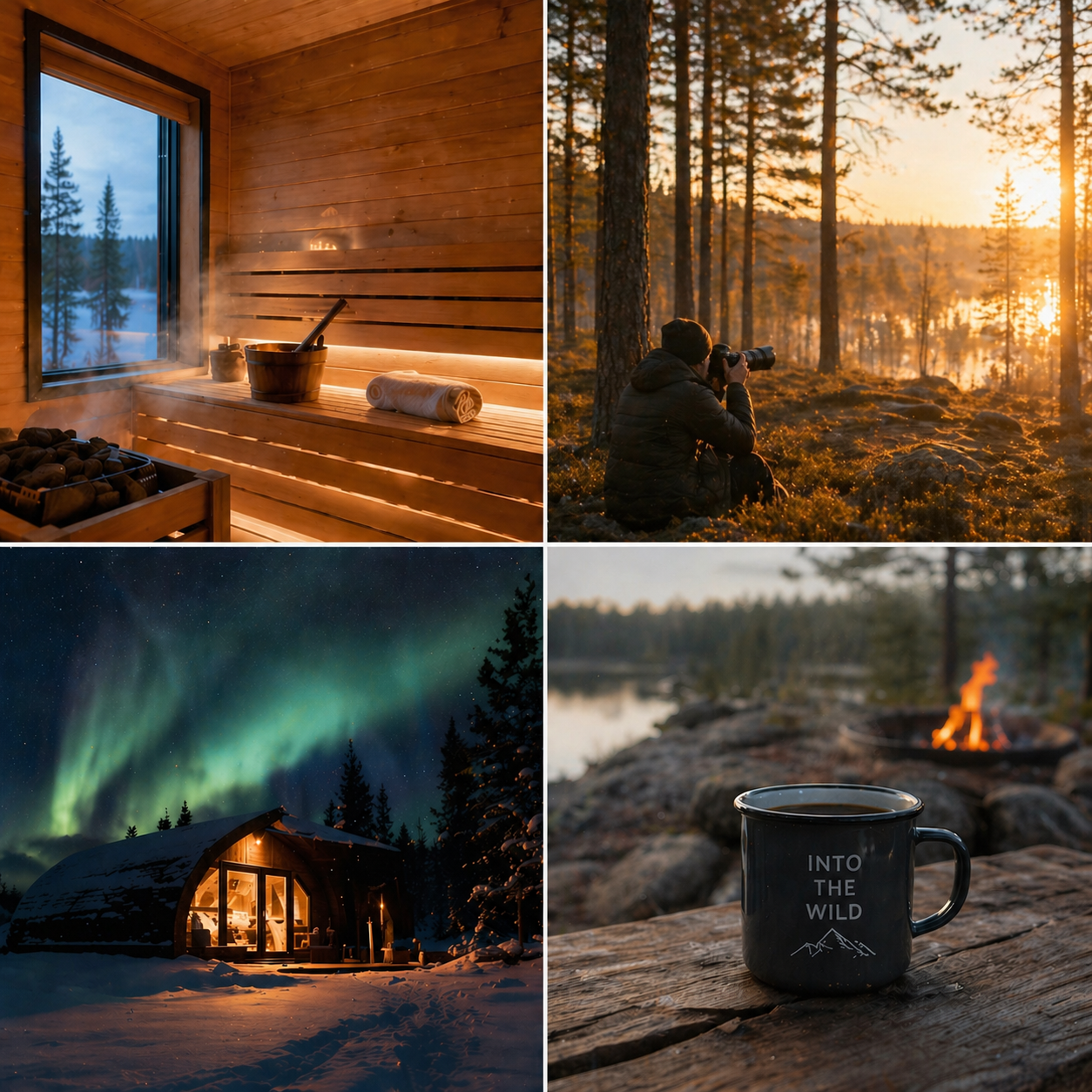 A collage of four images showing a relaxing outdoor winter vacation: a wooden sauna with a steaming interior, a person sitting in a forest during sunset with a camera, a cabin under the Northern Lights at night, and a mug with "Into the Wild" on a log near a campfire and a lake.