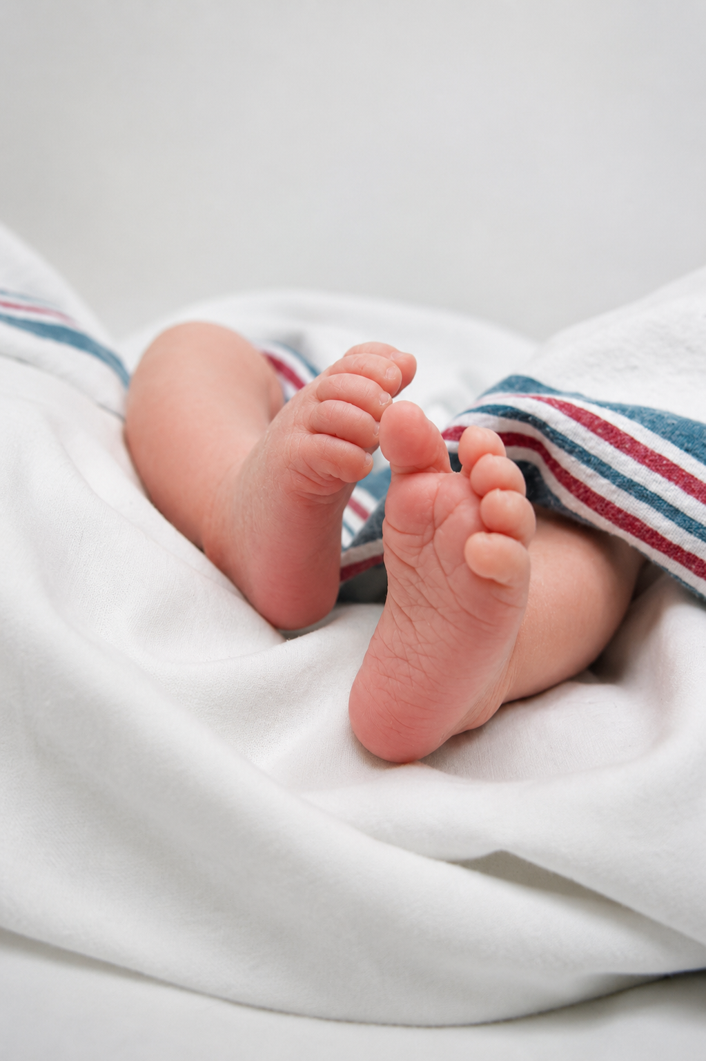 Close-up of a baby's feet resting on white bedding, with part of a striped blanket visible.
