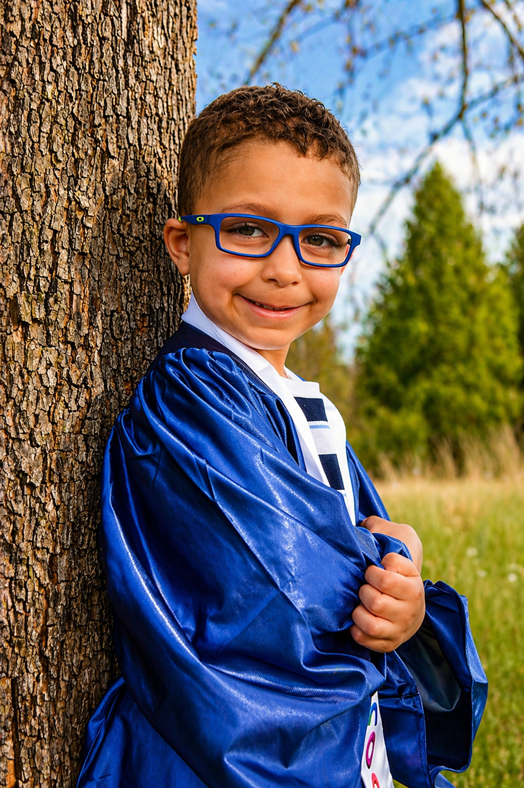A young boy wearing blue glasses and a blue jacket, standing next to a tree outdoors with a smile.