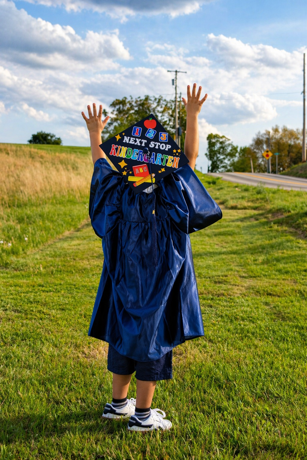 A child wearing a blue graduation gown and cap, standing on grass next to a road, with arms raised and holding a colorful sign that says 'Next Stop Kindergarten'.