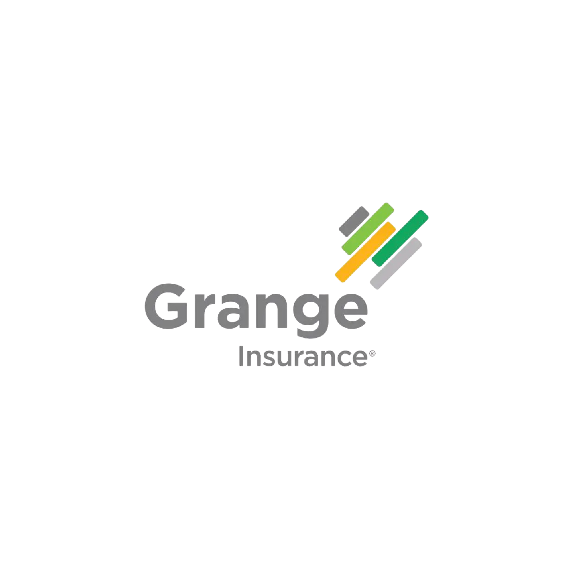 The Grey Grant Insurance logo features the word 'Grant' in large black text, with a colorful bar graphic above it composed of five diagonal bars in grey, green, yellow, orange, and green, all slanted upward. Below, the word 'Insurance' appears in sma