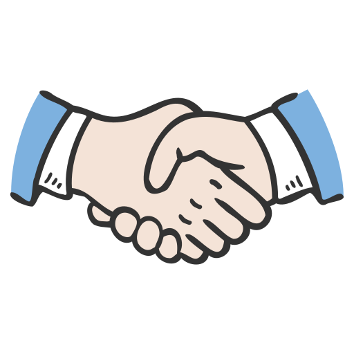 Illustration of two hands shaking, with business attire sleeves visible.
