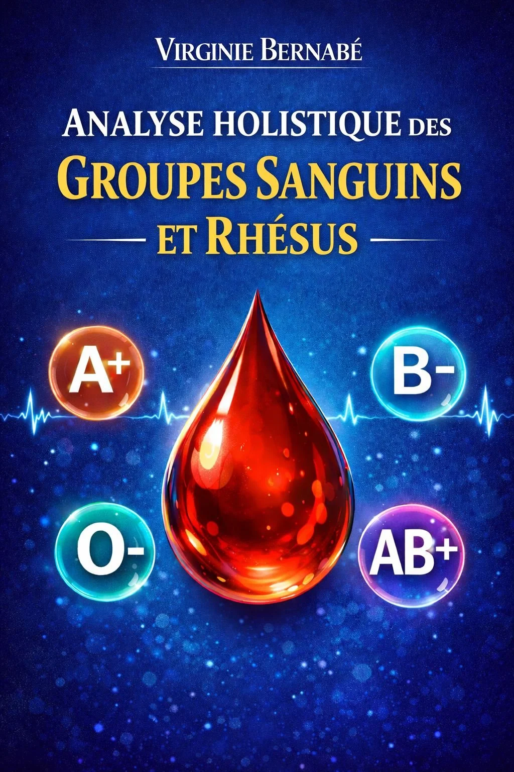 Couverture d'un livre intitulé 'Analyse holistique des groupes sanguins et Rhésus' par Virginie Bernabé, avec des symboles de groupes sanguins A+, B-, O-, AB+ entourant une goutte de sang rouge brillant sur un fond bleu étoilé.