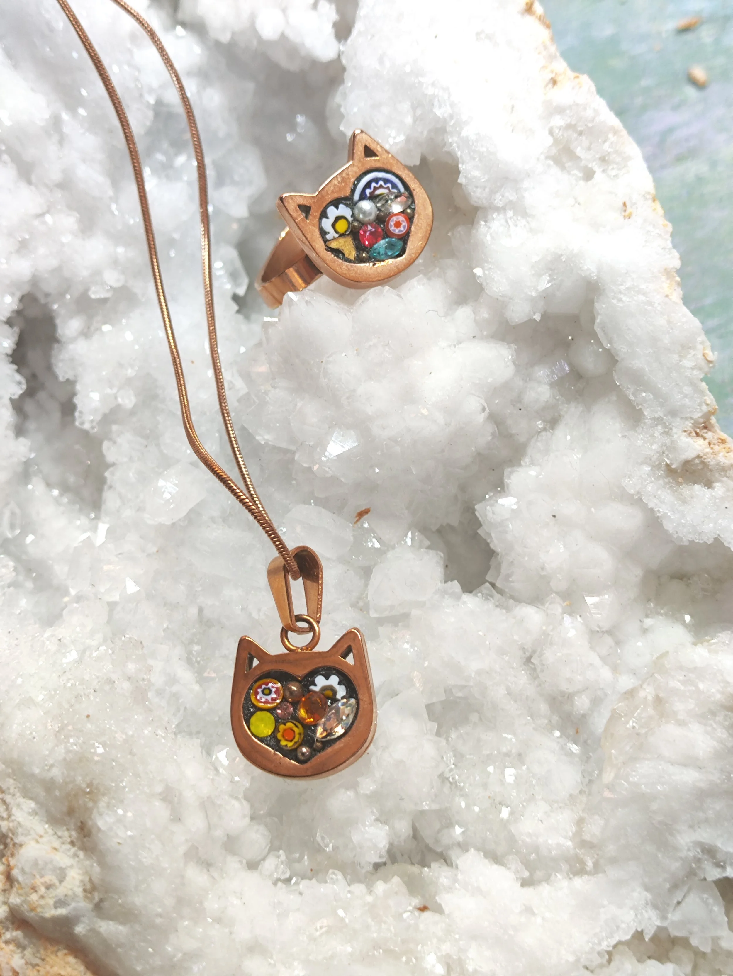bague ajustable et pendentif chat cœur or rose