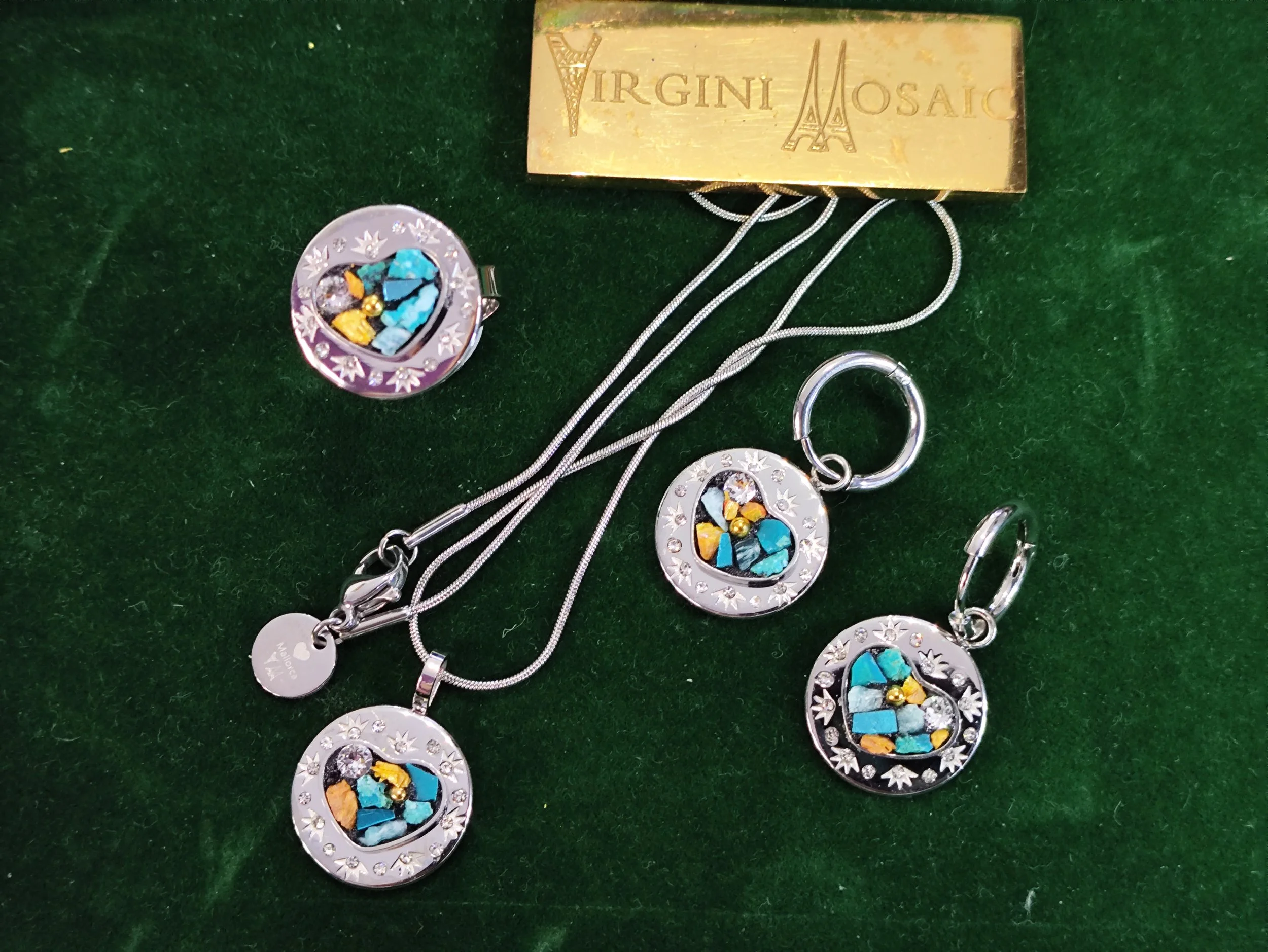 Pendentif et boucles d oreilles creole coeur etoilé mosaiqué, spport en Rhodium