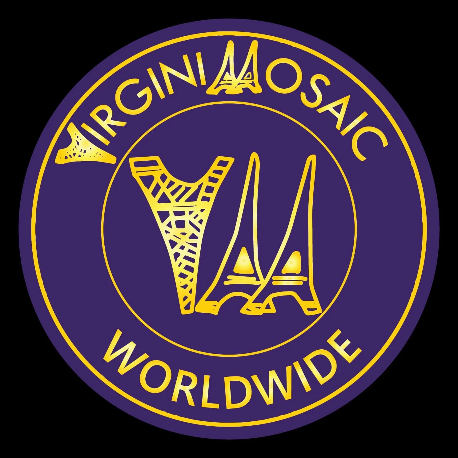 Logo rond avec un fond violet et un contour jaune, comprenant le texte 'VIRGINIA MOSAIC WORK Worldwide' en cercle, et un motif central représentant une mosaïque.