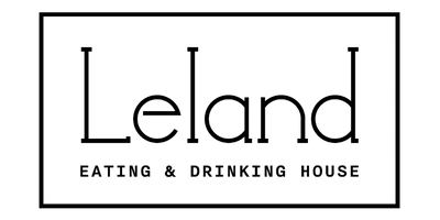 Logo for Leland Estate & Brewing House with a rectangular black border and text inside.