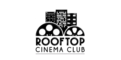Stylized logo with film reels and text 'ROOFTOP CINEVACUUS' on a black background.