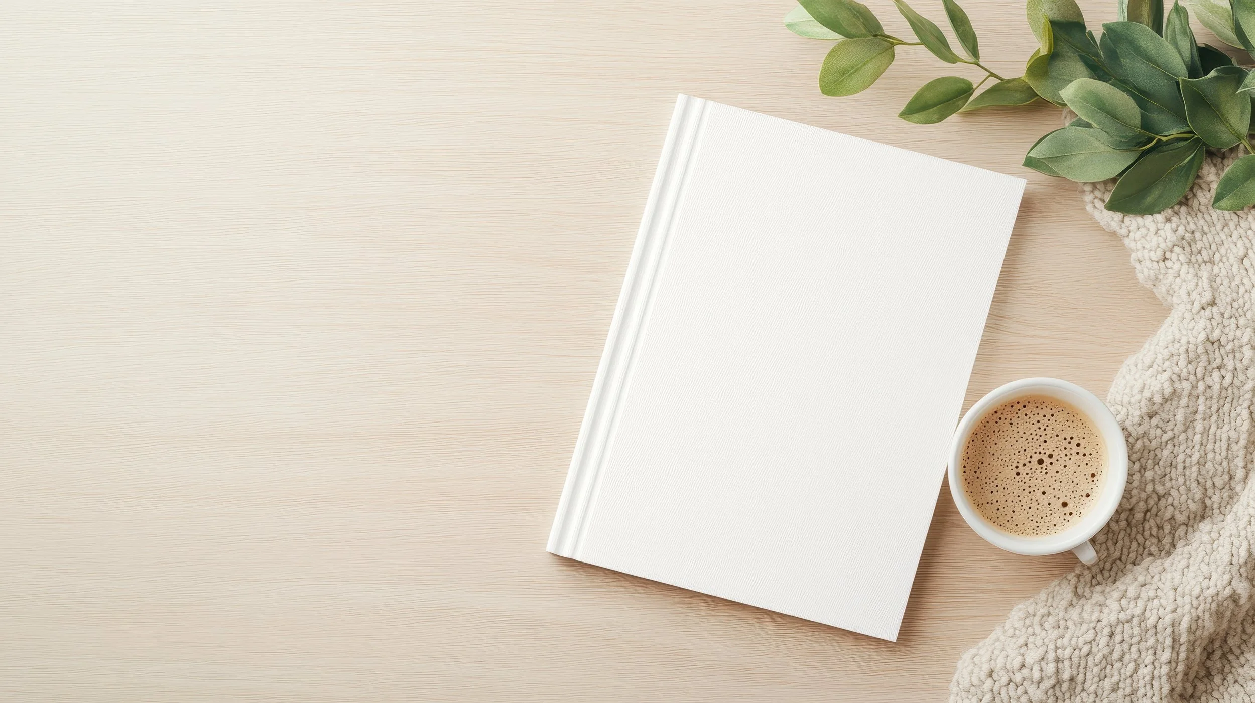 A beige wooden desk with a white notebook, a cup of coffee, a cozy blanket, a magnolia plant, and a light-colored background.