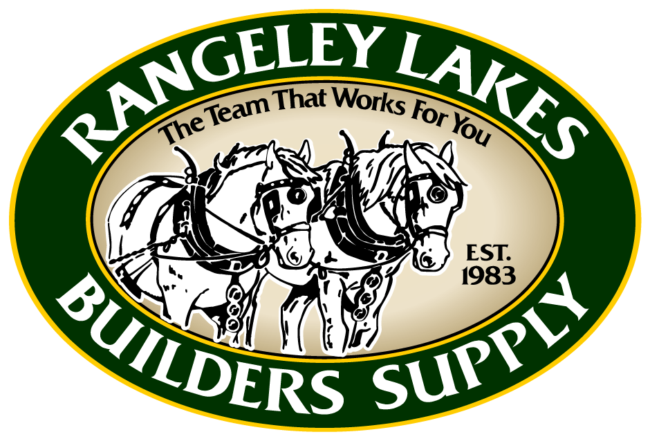 Logo for Rangeley Lakes Builders Supply with two horses and the slogan 'The team that works for you', established 1983, in an oval shape with green and white colors.