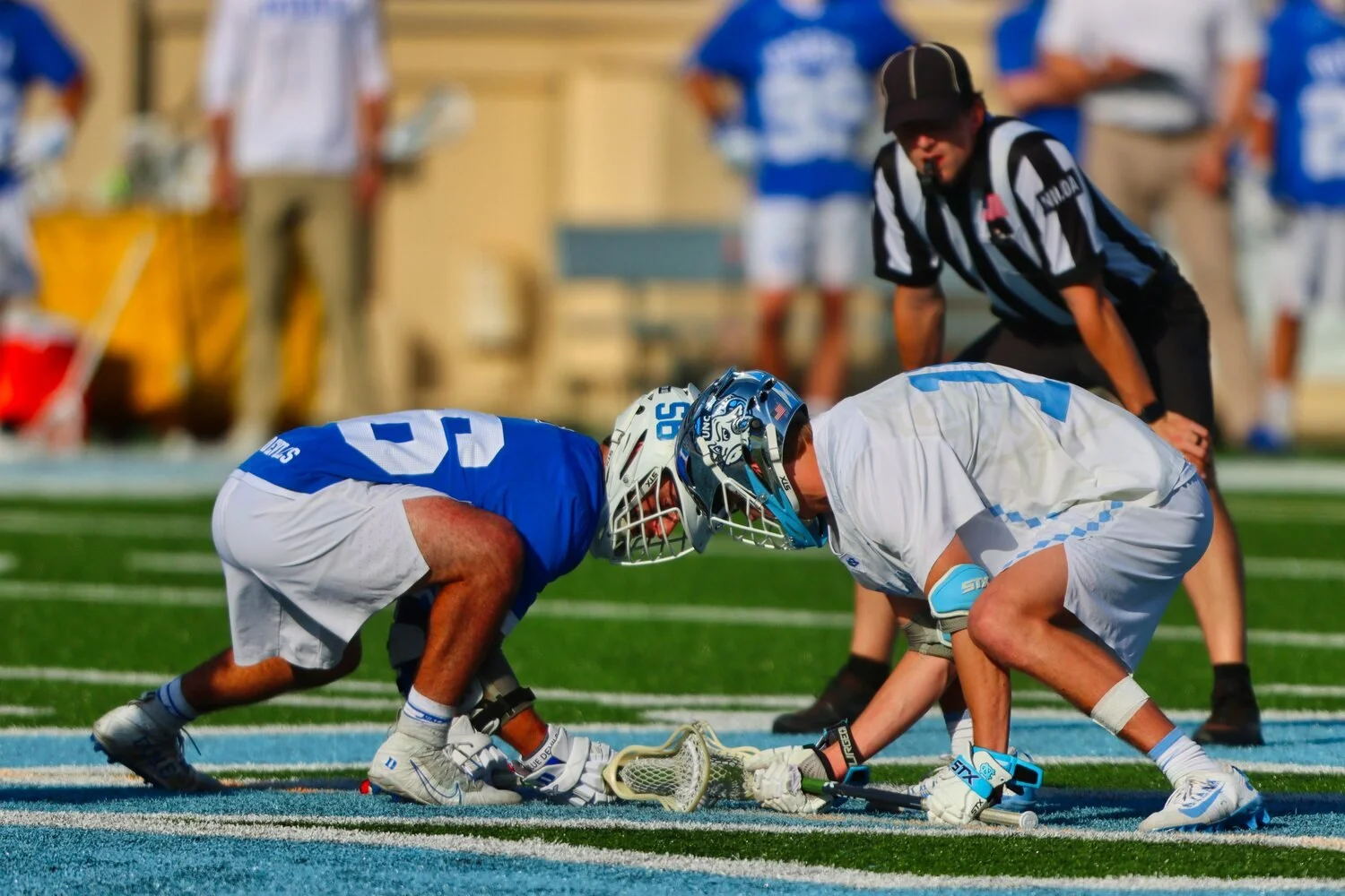 Lacrosse players face off at the start of a game on a field with a referee watching.