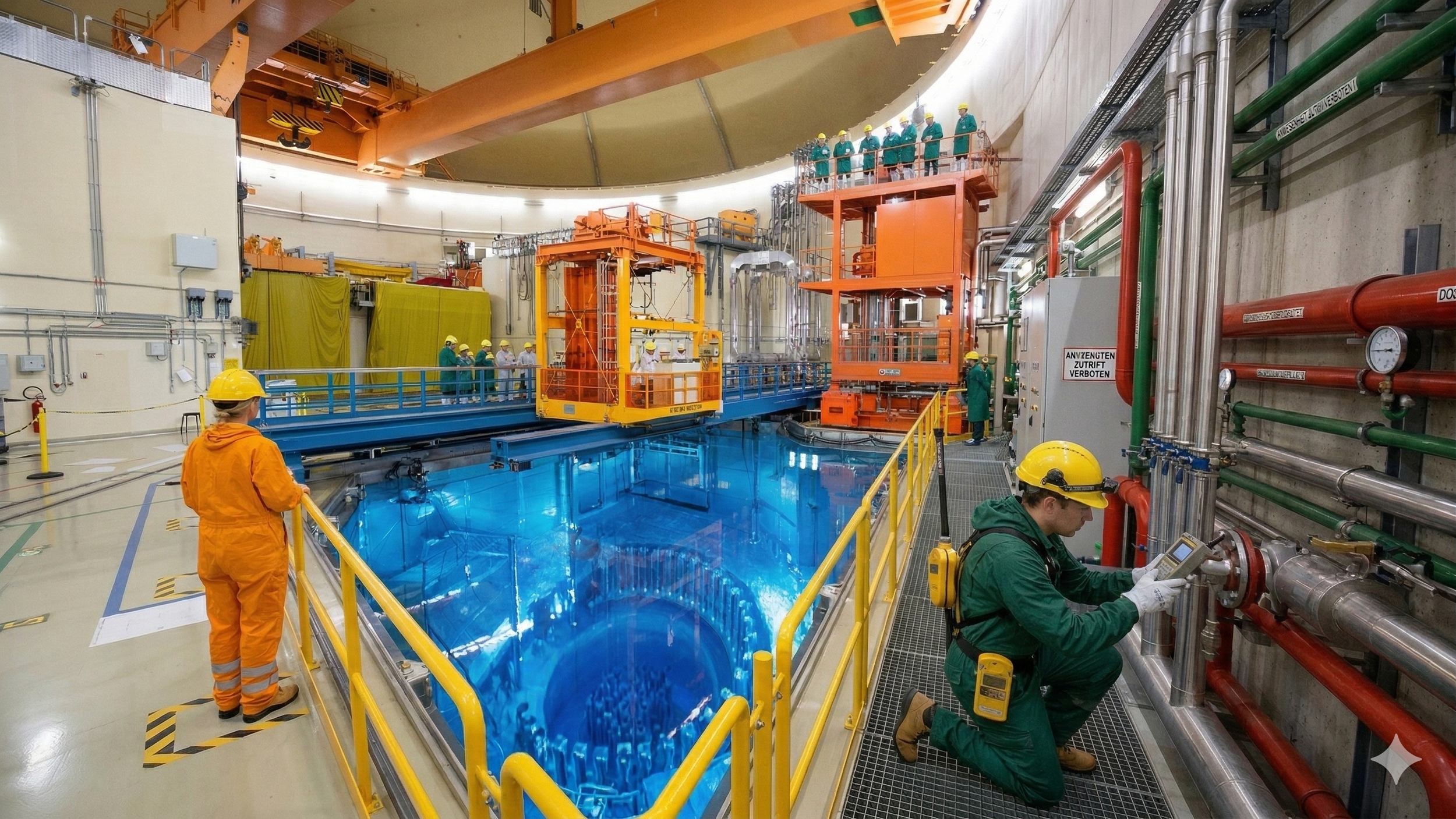 Industriearbeiter in Schutzkleidung und Helmen überwachen eine große Anlage mit einem blauen Wasserbecken, dies ist wahrscheinlich der Kühlturm eines Kraftwerks oder einer ähnlichen industriellen Einrichtung.