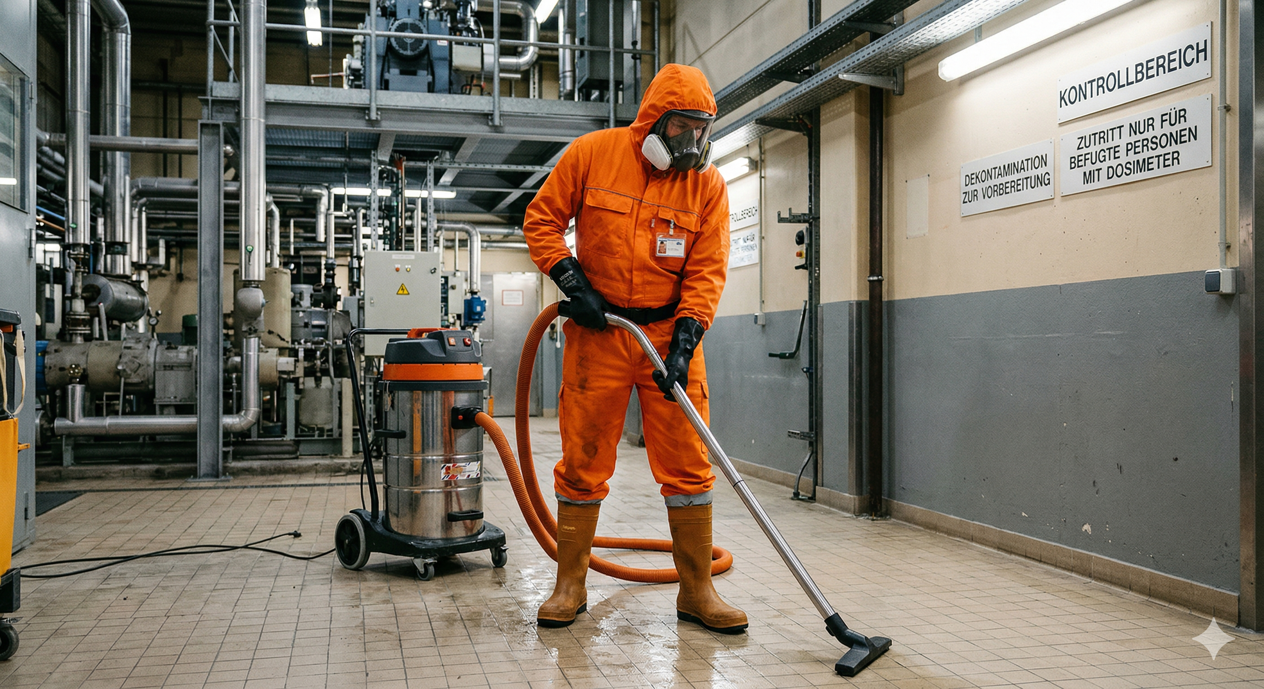 Arbeiter in orange Schutzkleidung, Maske und Gummistiefeln reinigt den Boden in einer technischen Anlage mit einem Industriesauger.