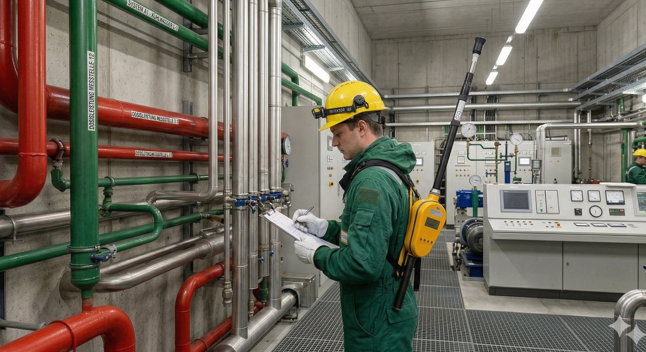 Ein Techniker in grüner Arbeitskleidung, gelber Helm und Handschuhen prüft eine Industrieanlage mit einem Notizblock in einem technischen Kontrollraum.