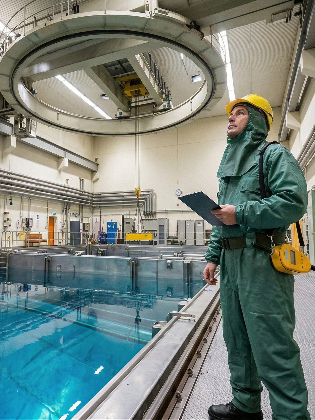 Ein Mann in grüner Schutzkleidung mit Gelber Schutzmütze steht in einem technischen Raum mit Wasserbecken und technischen Geräten.