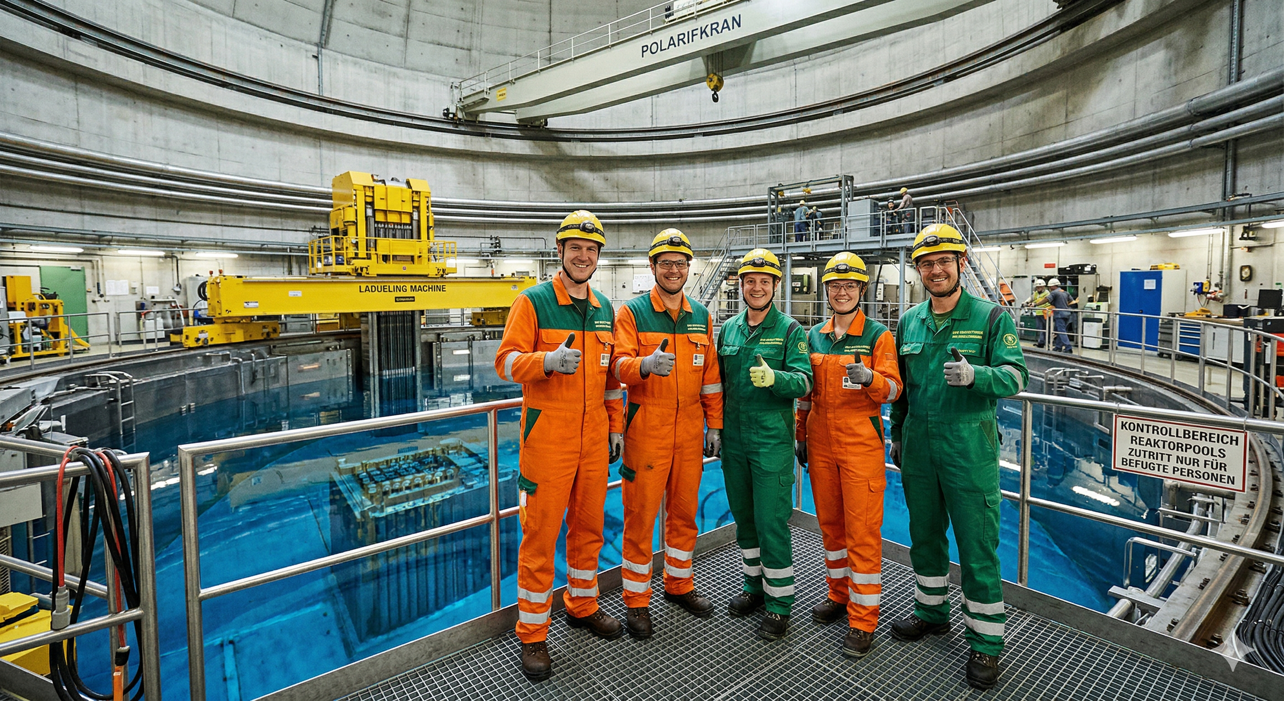 Fünf Ingenieure in Schutzanzügen und Helmen stehen vor einem Reaktortank im Kernkraftwerk, alle zeigen nach oben mit Daumen hoch.