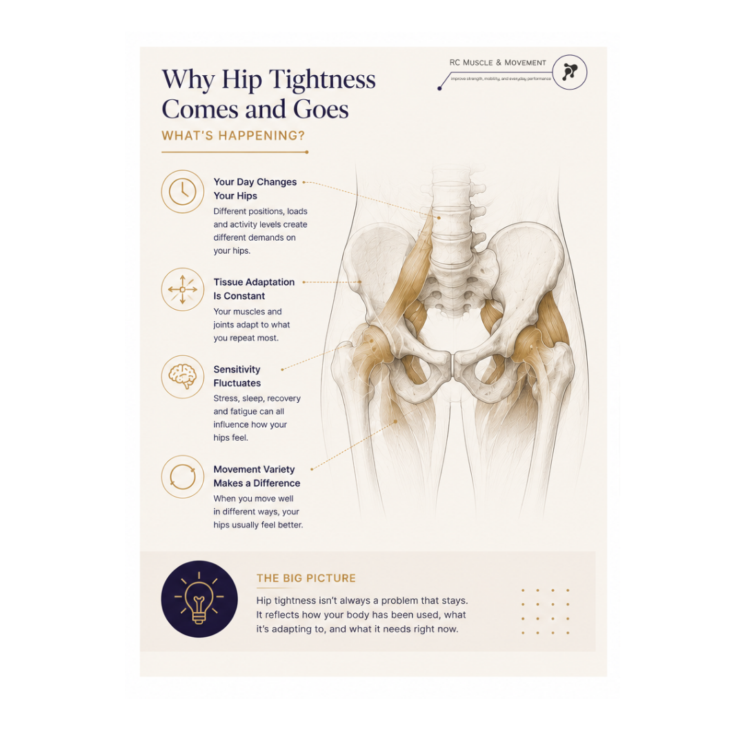 Educational diagram explaining how movement variety, tissue adaptation, recovery and daily activity levels can influence feelings of hip tightness.