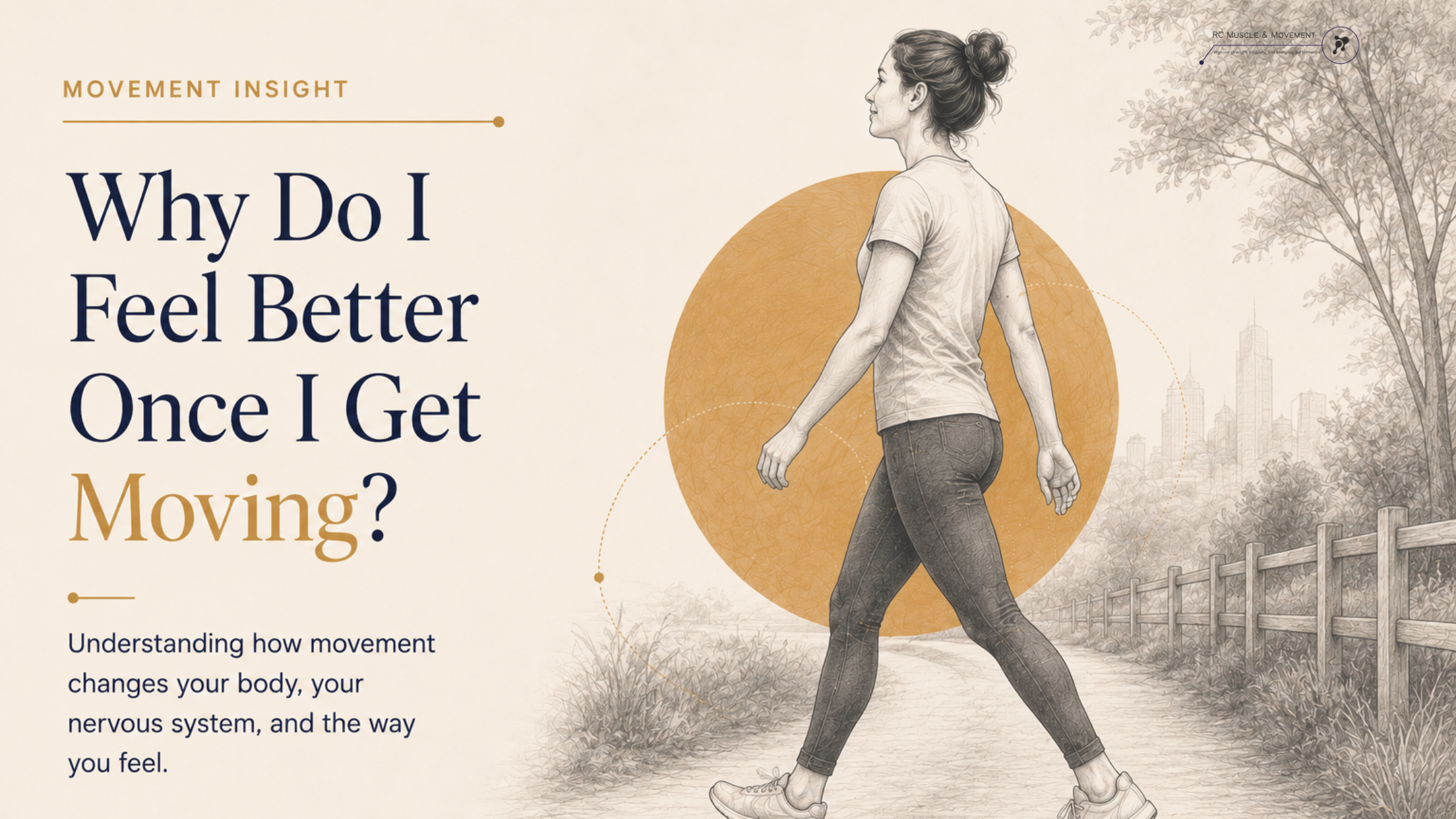 person walking with subtle movement lines showing how the body can feel easier once movement begins