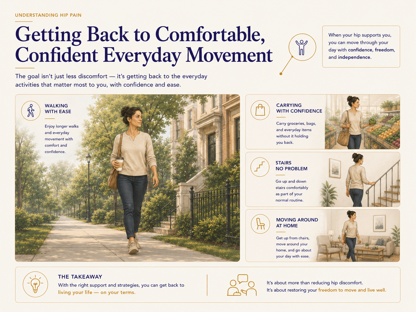 info graphic showing a woman more comfortable after recovering from hip pain now able to tackle tasks like stairs and moving around