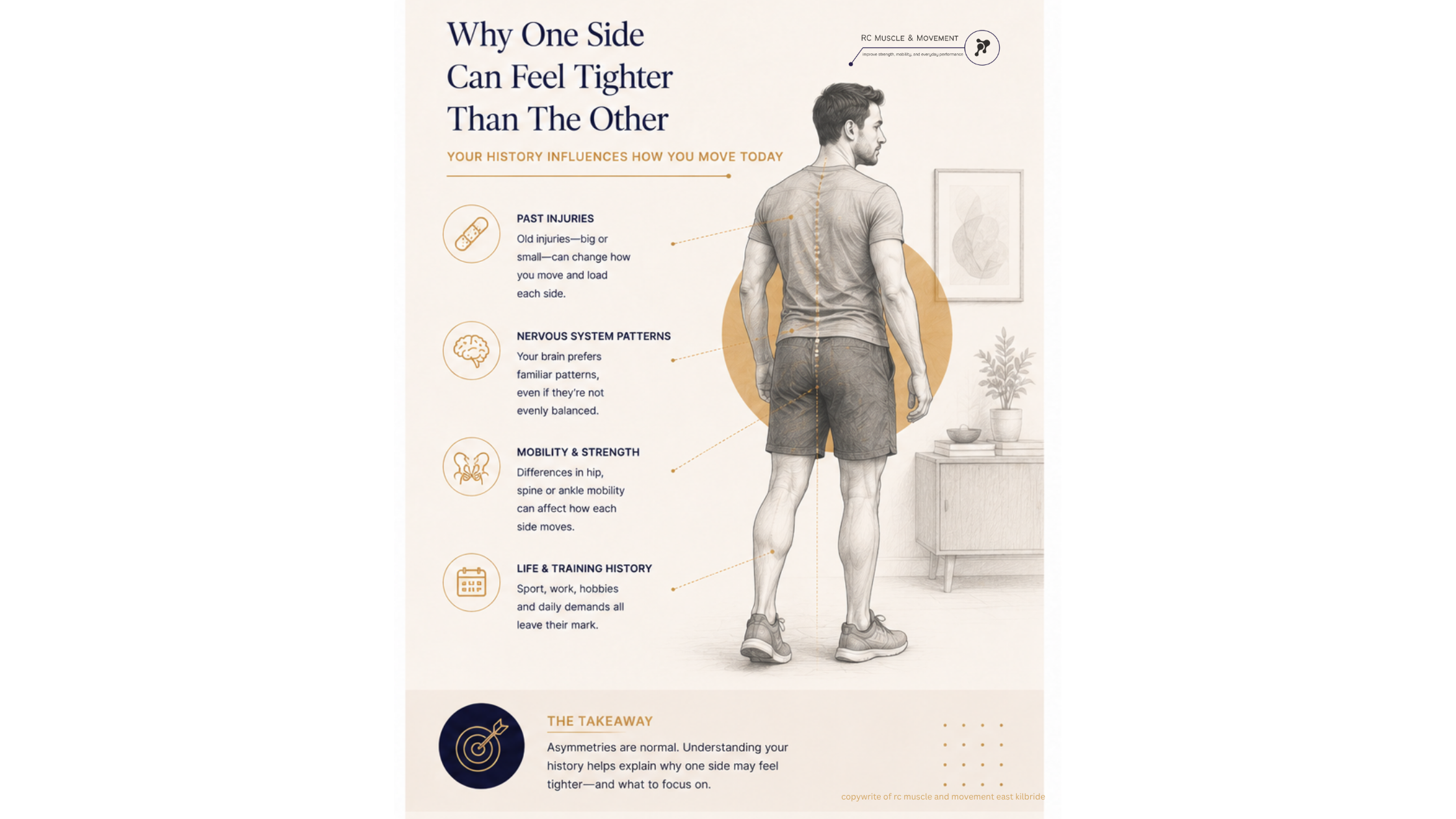 infographic displaying factors influence muscle tightness on one side of the body