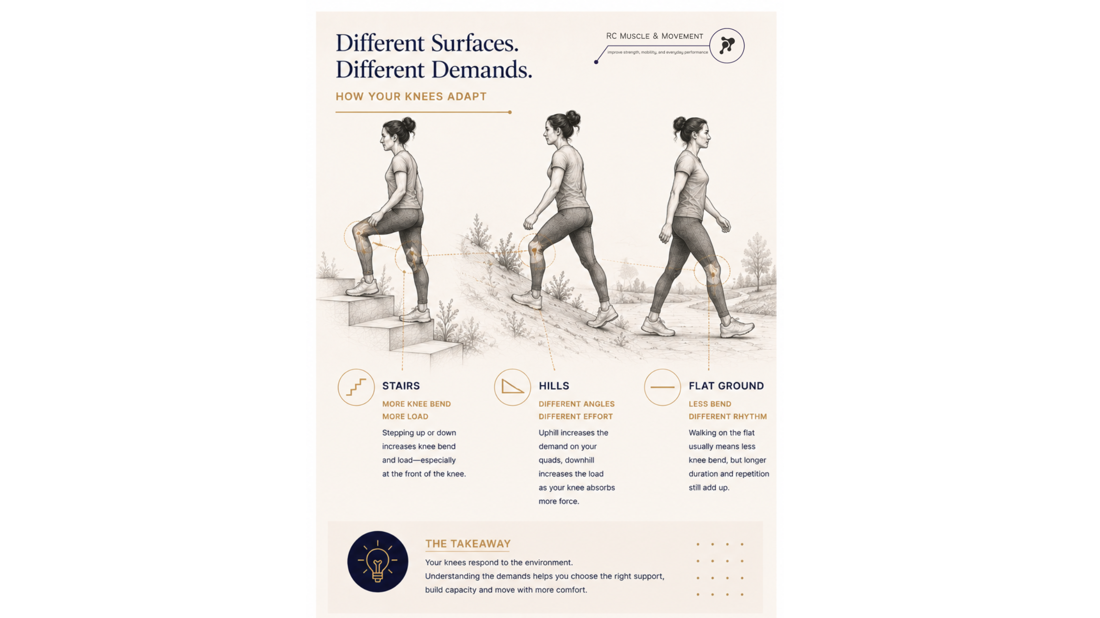 info-graphic illustration highlighting the different demands placed on knee's while walking on hills, stairs or flat surfaces and why it may or may not cause knee aches and pains