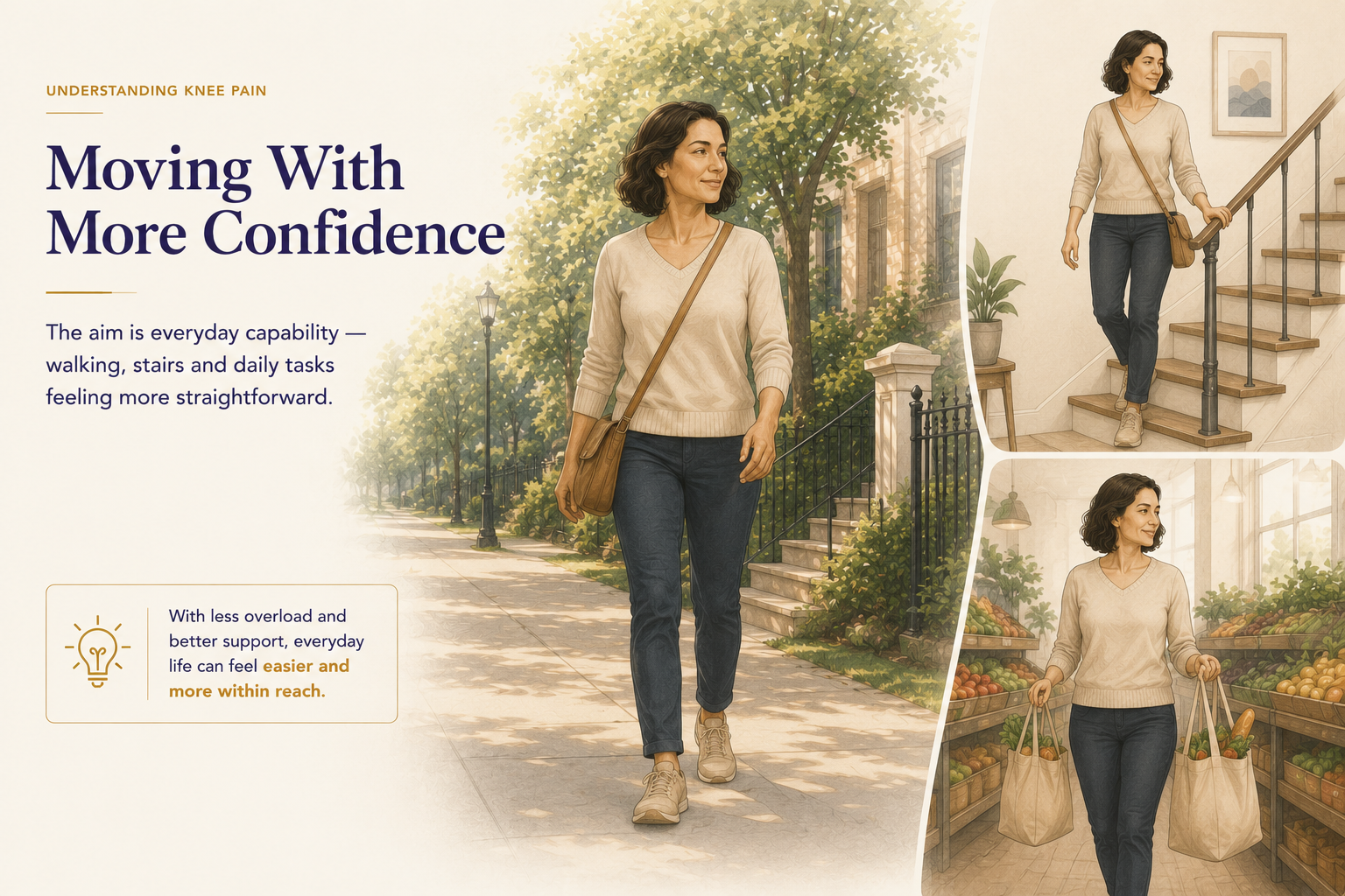 illustration of woman confidently walking after address knee aches and pains and now more cable in daily tasks
