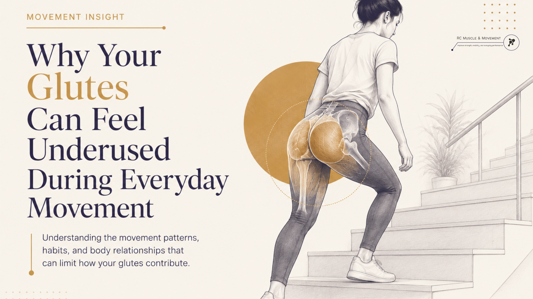 illustration of woman walking up stairs with anatomical highlight of glute muscles