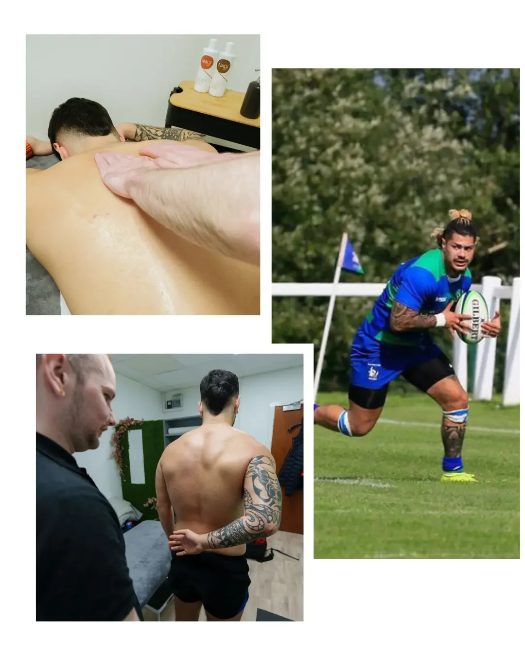 Rugby player shown during sport, massage and movement assessment at RC Muscle & Movement