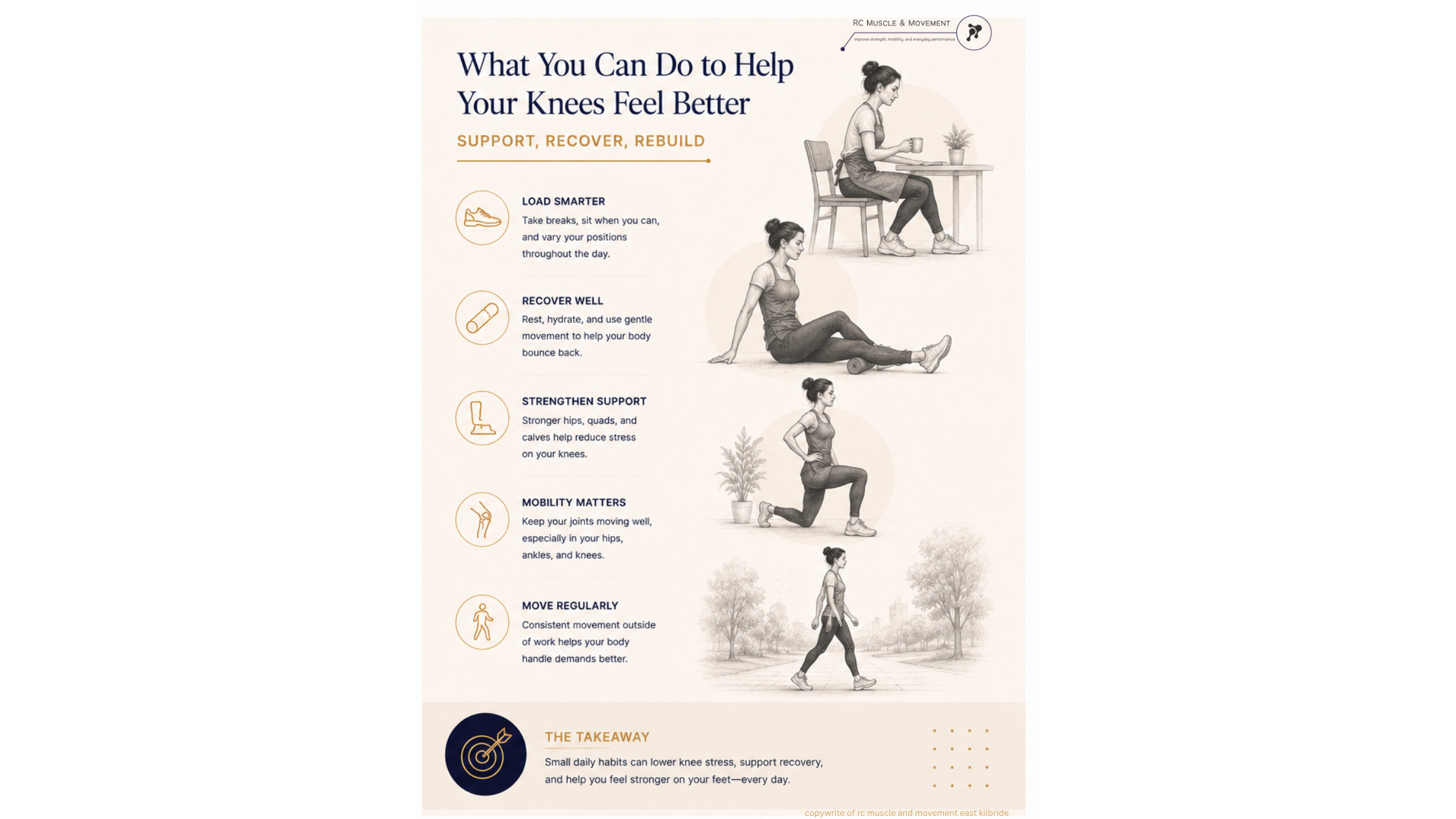 educational infographic showing different  strategies to ease knee pain from being on feet all day