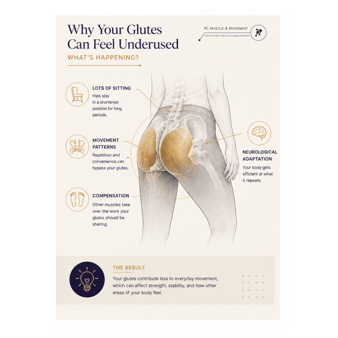 Educational illustration explaining how sitting habits, movement patterns and compensation strategies can reduce how much the glutes contribute to movement.