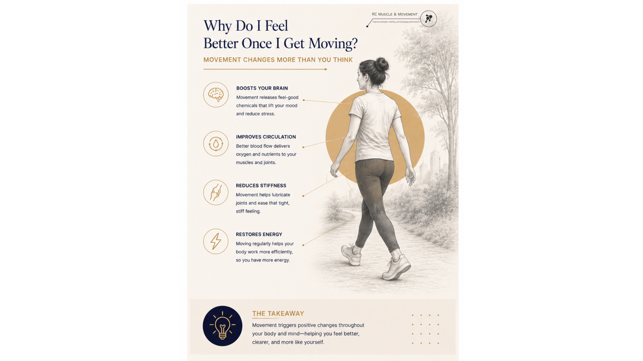 illustration of woman walking listing the benefits of movement on body and mind