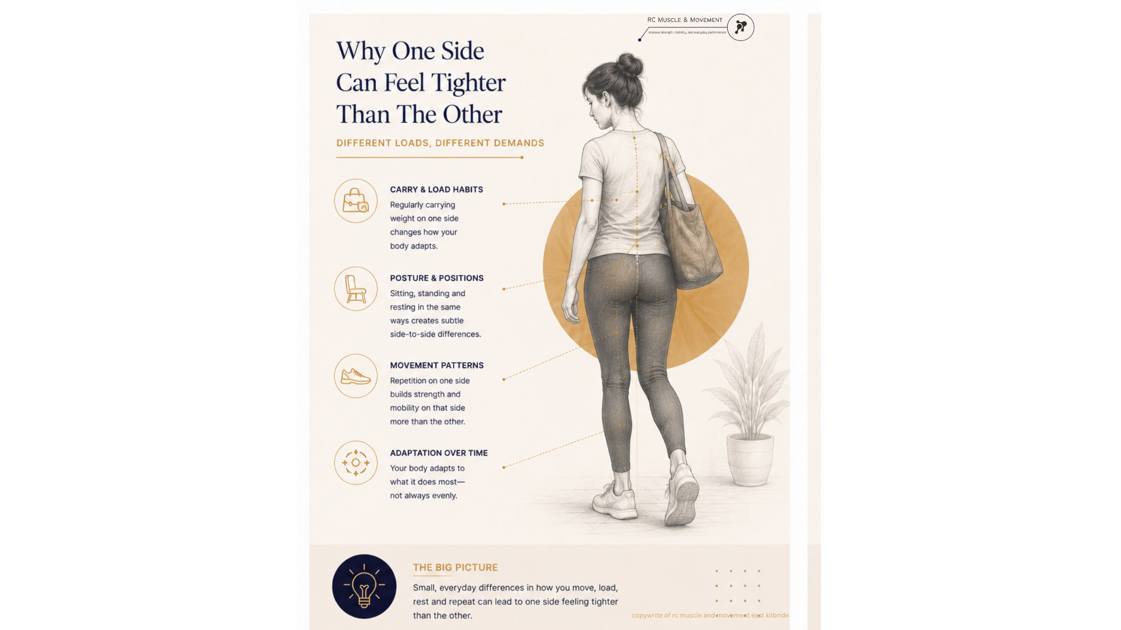 info-graphic showing how different loads and everyday demands can cause tightness in one side of the body
