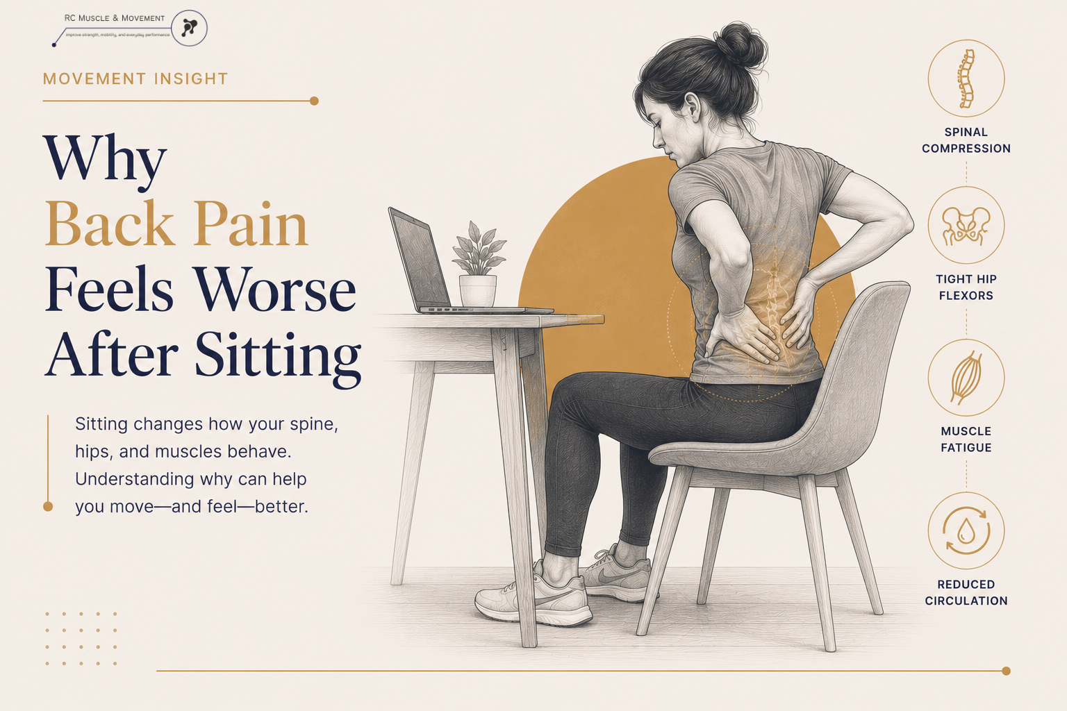 illustration of woman sitting at chair with anatomical highlight of spine and impact of seated position on the spine