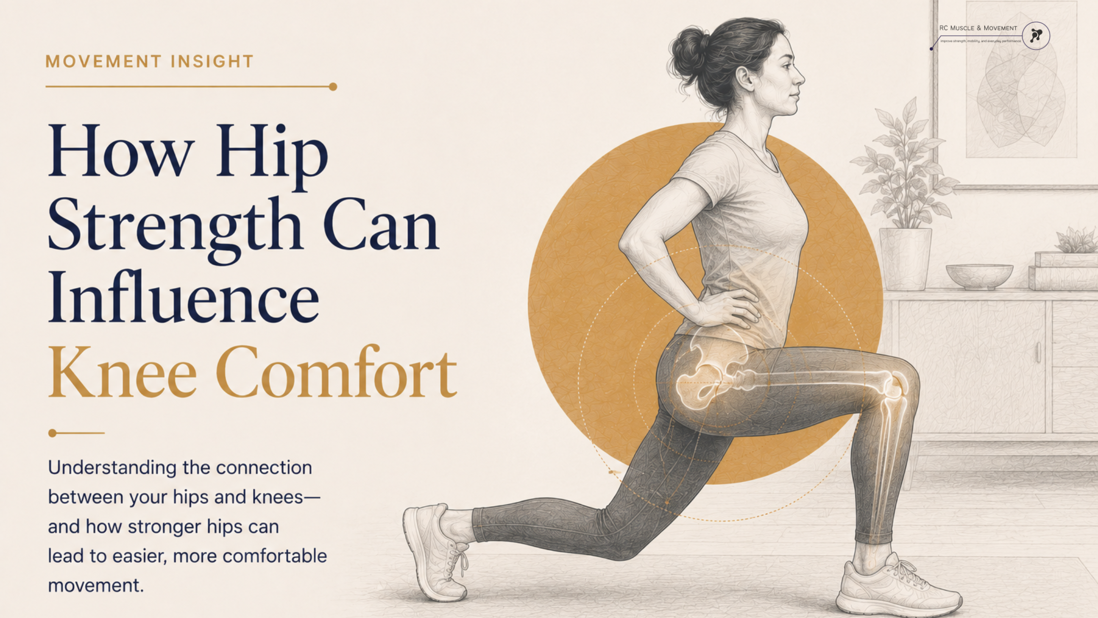 person in lunge position with highlighted hip and knee mechanics and connection with subtle movement lines
