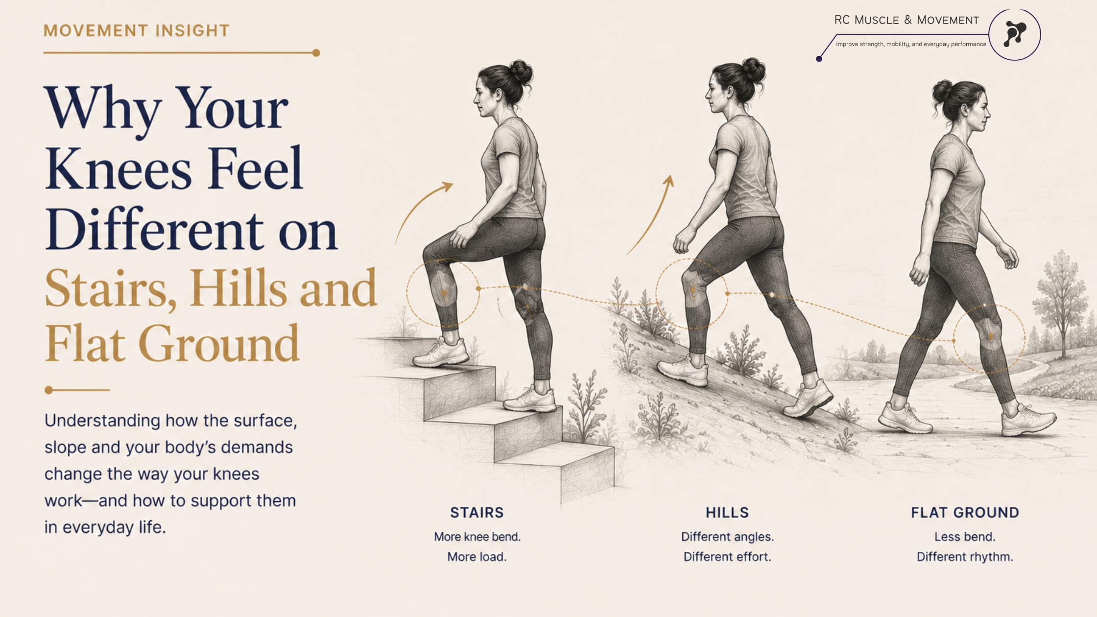 illustration of woman walking on stairs , flat ground and hill with movement lines showing the impact and elevation on knees