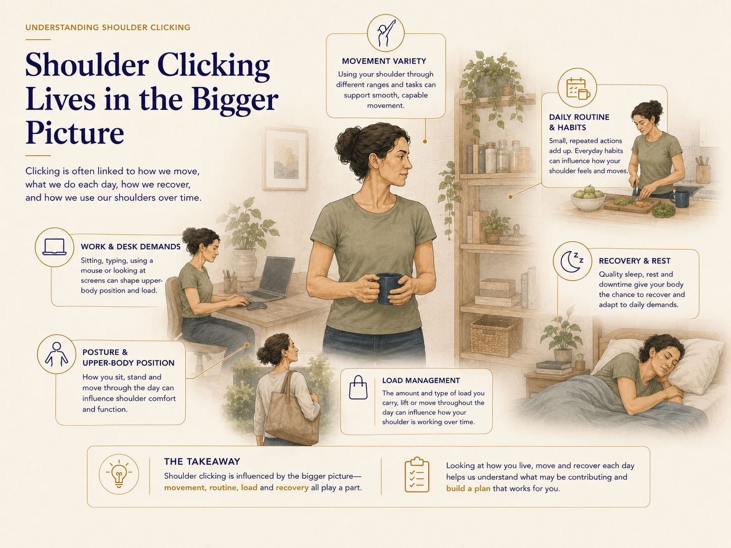 info-graphic illustration of woman in different activities that may be linked to shoulder popping or clicking and how recovery , load management and rest may help ease