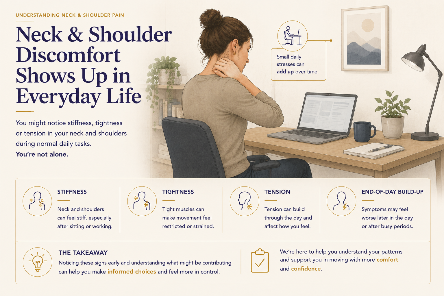 illustration infograohic on how neck and shoulder discomfort shows up in everyday life