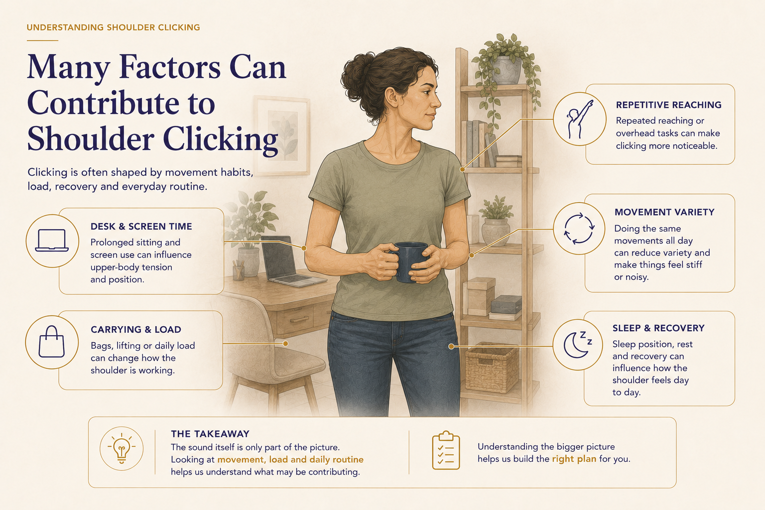 info-graphic educating that shoulder clicking may be down to movement habits , load ,recovery and everyday life routine