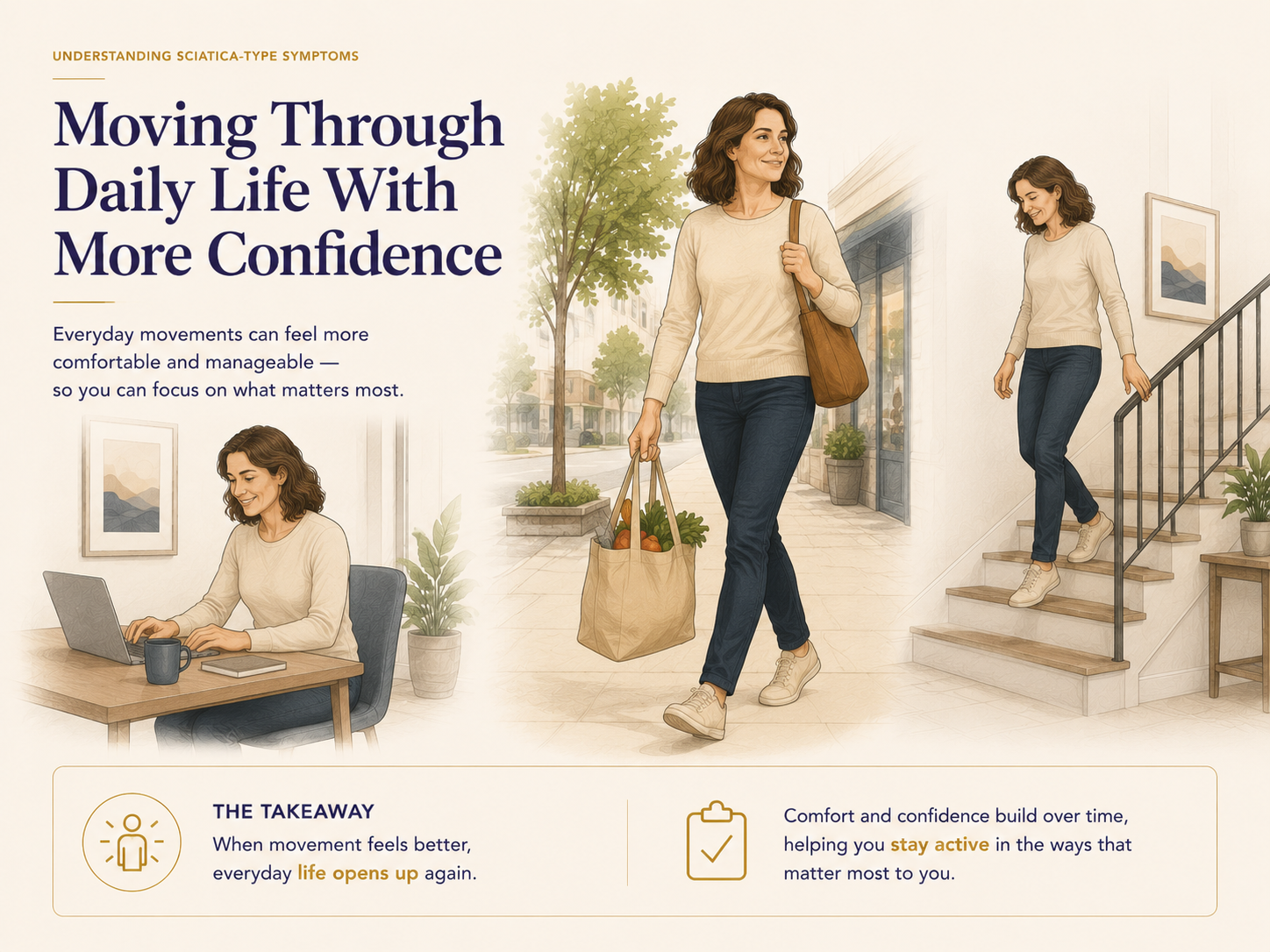 illustration showing happy woman going about work , life without sciatica type symptoms discomfort and pain